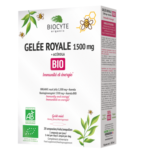 Supliment alimentar bio cu laptisor de matca si acerola Gelee Royale 1500 mg, Biocyte, 20 fiole