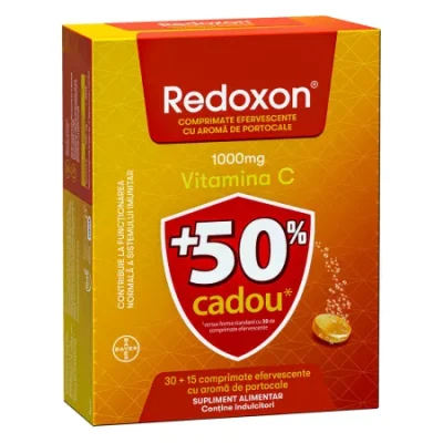 pachet redoxon cu vitamina c 1000 mg 30 15 comprimate efervescente portocale bayer