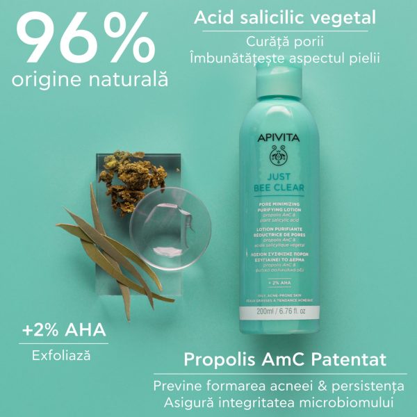 lotiune purifianta pentru pori dilatati cu 2 aha acid salicilic vegetal si propolis patentat amc just bee clear 200ml apivita 036508