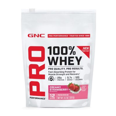 1.379952 gnc pro performance 100 whey strawberry 12svgs bag front.png