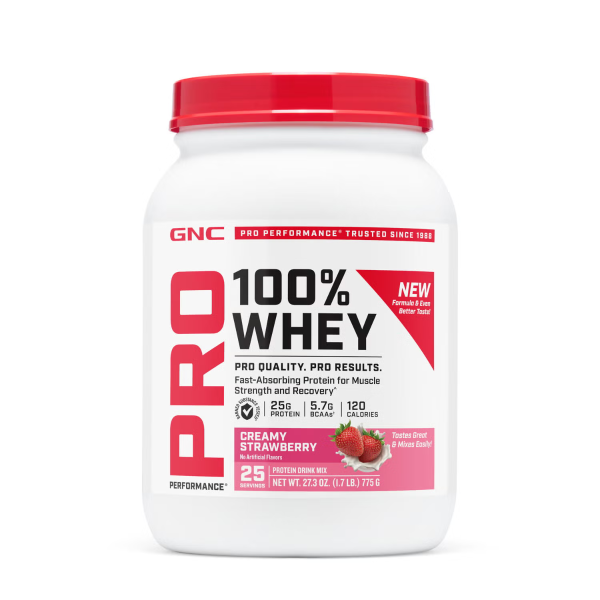 1.379953 gnc pro performance 100 whey strawberry 25svgs tub front.png