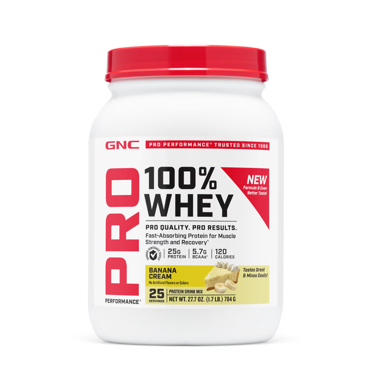 1.379962 gnc pro performance 100 whey banana cream 25svgs tub front.png