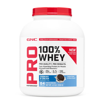 1.379963 gnc pro performance 100 whey cookies cream 64svgs tub front.png